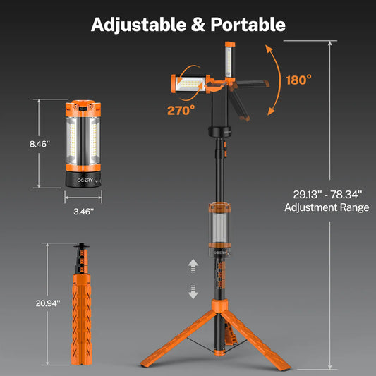 3-Head LED Camping Light with 10000mAh Power Bank - Portable Rechargeable Work Light with 67" Adjustable Stand & Detachable Tripod for Outdoor, Emergency, Camping, Fishing, Garage